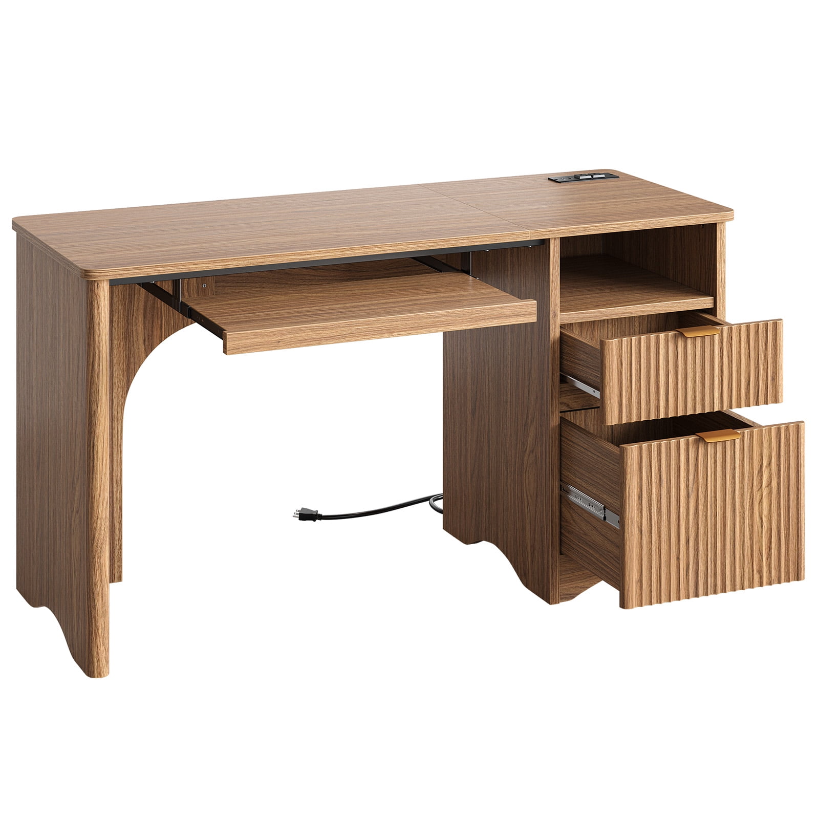 Bestier 55" Computer Writing PC Desk Home Office with Power Outlets Keyboard Tray and Storage Drawers, Brown