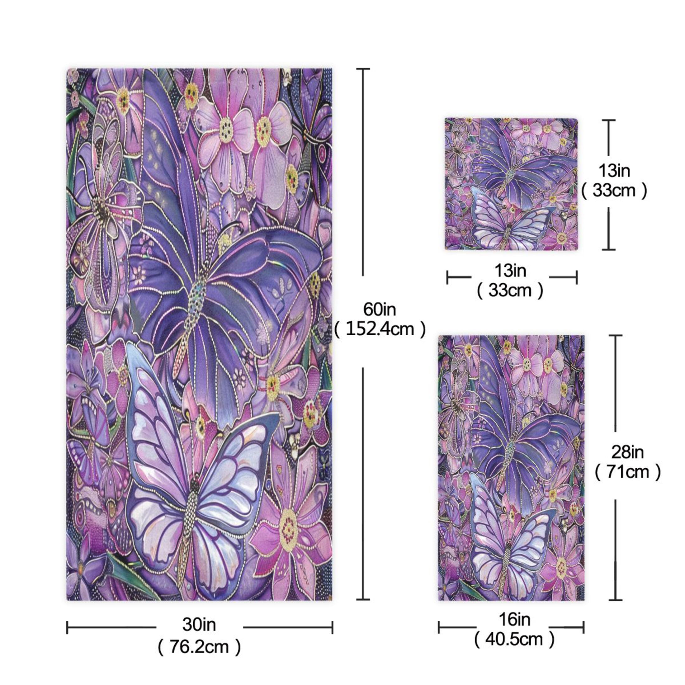 BZSMCE 3piece Bath Towel Sets Hand Bath Towels Fashion Purple Butterfly Garden Printed Towel Sets