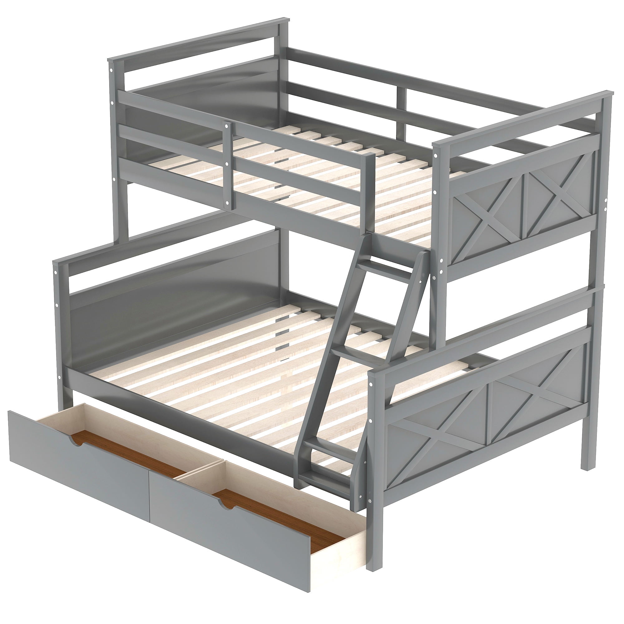 Euroco Modern Solid Wood Convertible Twin over Full Kids Bunk Bed Frame with Ladder, White, Gray