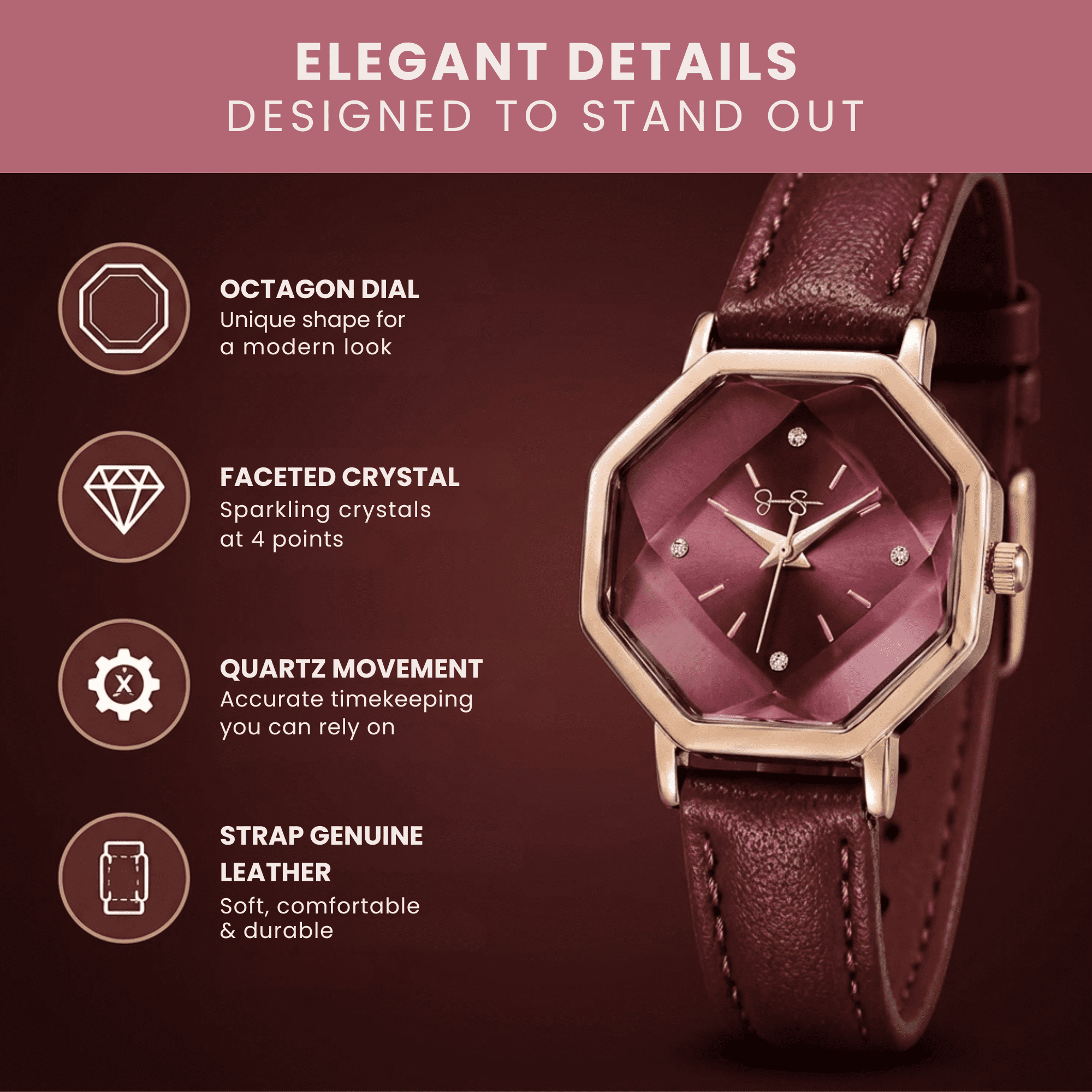 Women’s Fashion Leather Watch – Octagon Dial, Rose Gold Case, Quartz Movement, Elegant Minimalist Dress Watch for Women, Gift for Her