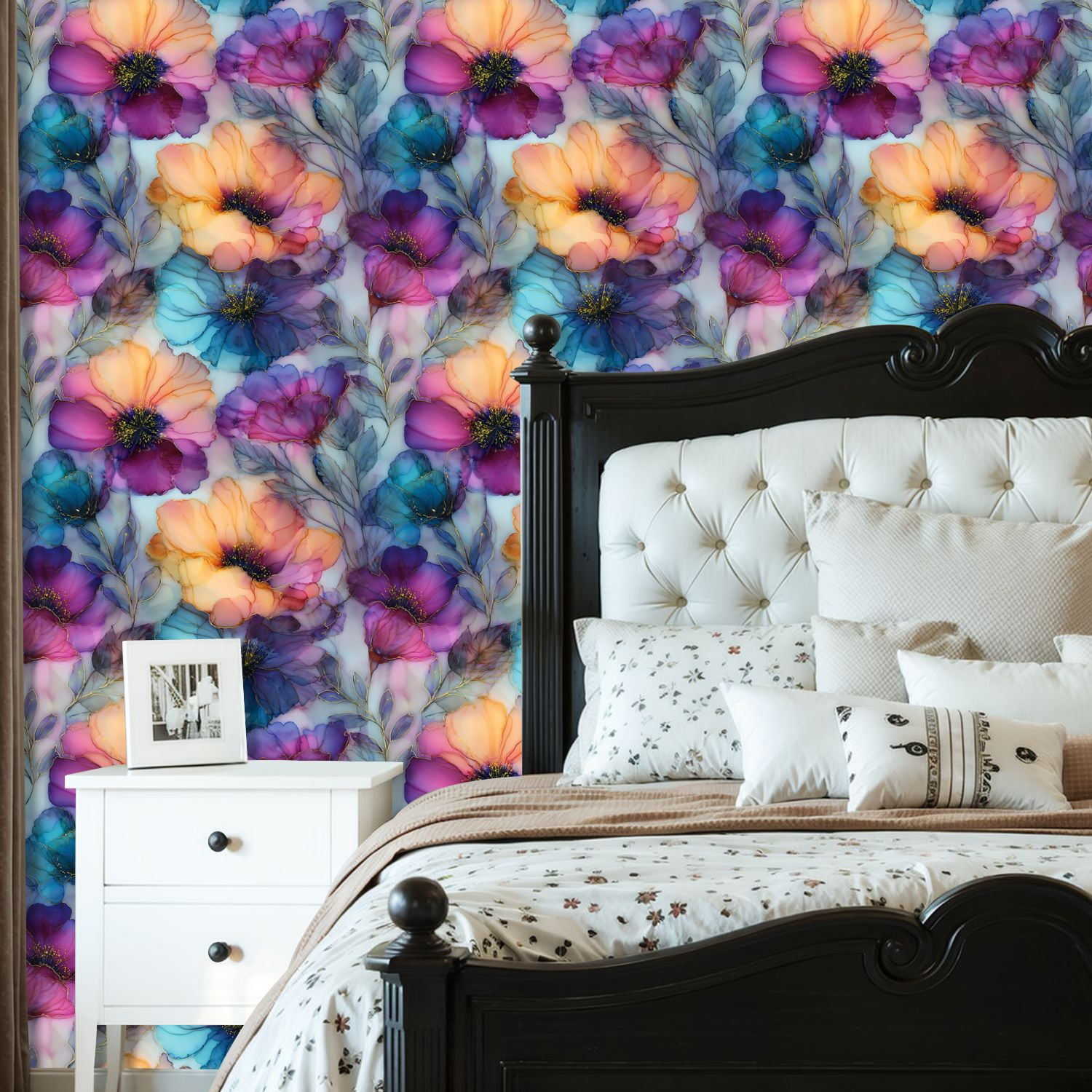Peel and Stick Wallpaper 23.6in x 9.8ft Colorful Abstract Floral Watercolor Ink Effect Vibrant Petals Contact Paper Vinyl Self-Adhesive Removable Wall Paper for Bedroom Cabinet Renter Friendly