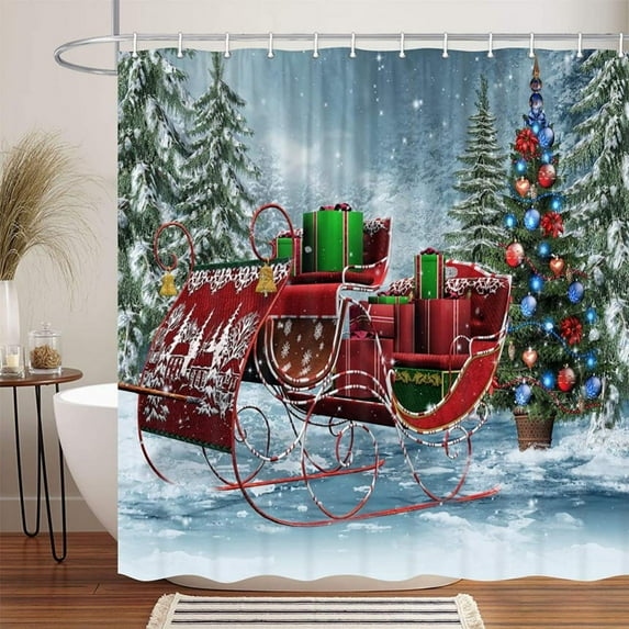 Save!3D Christmas Tree Shower Curtain, Snowflakes Twinkle Lights Red Background Bathroom Curtain with Hooks 71*71In, Waterproof Polyester Curtain