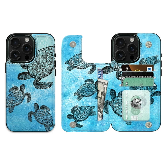 WIRESTER Case with Card Holder, RFID Blocking Wallet Case Durable PU Leather Kickstand Slim Heavy Duty Shockproof Protective Case for Apple iPhone 16 Pro Max 6.9" 2024, Ocean Sea Turtles