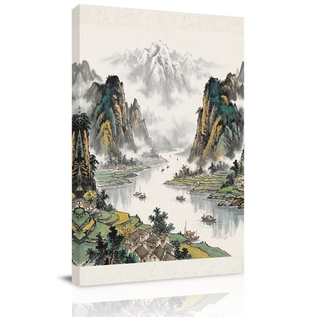 Green Mountain Stream Canvas Wall Art for Living Room Oriental Traditional Ink Painting Chinese Poster Print Painting for Bedroom Office Home Decoration Wall Pictures Prepare To Hang 16 x24