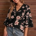 thumbnail image 4 of 3/4 Length Sleeve Womens Summer Trendy Bell Sleeve V-Neck Dressy Casual Ethnic Bohemian Print T-Shirt Black XXL, 4 of 8