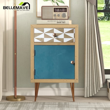 Bellemave Natural Wood Rectangle Bedroom Nightstand with Drawer and Cabinet, 1-Drawer Bedside Table Nightstand with Metal Feet for Bedroom Living Room