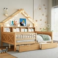 thumbnail image 4 of Harper & Bright Designs Full Size House Bed Frame with Drawers, House Platform Bed with LED Lights, Storage Shelves & Drawers, Wood Daybed with Roof and Guardrail for Boys Girls, Natural, 4 of 14