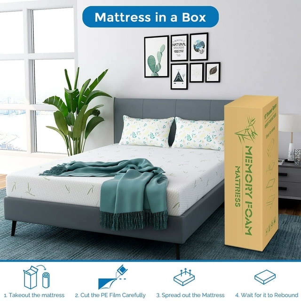 Queen Mattress 10 Inch Bamboo Mattress in a box, Gel Memory Foam Mattress Support and Pressure Relief, Medium Firmness, Made in USA,White