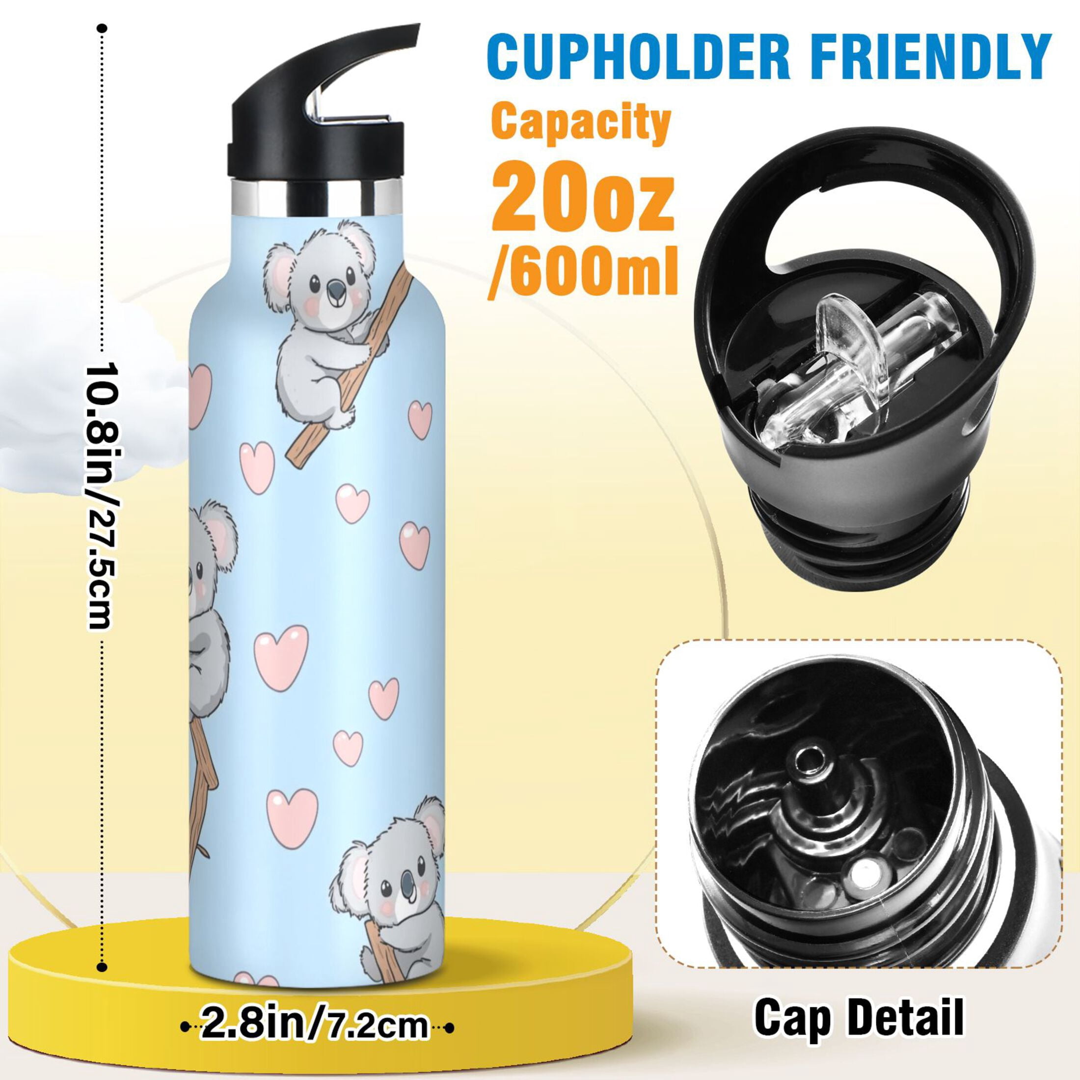 Kids Insulated Stainless Steel Sports Water Bottle 600ml (20oz) Cute Koala Pattern