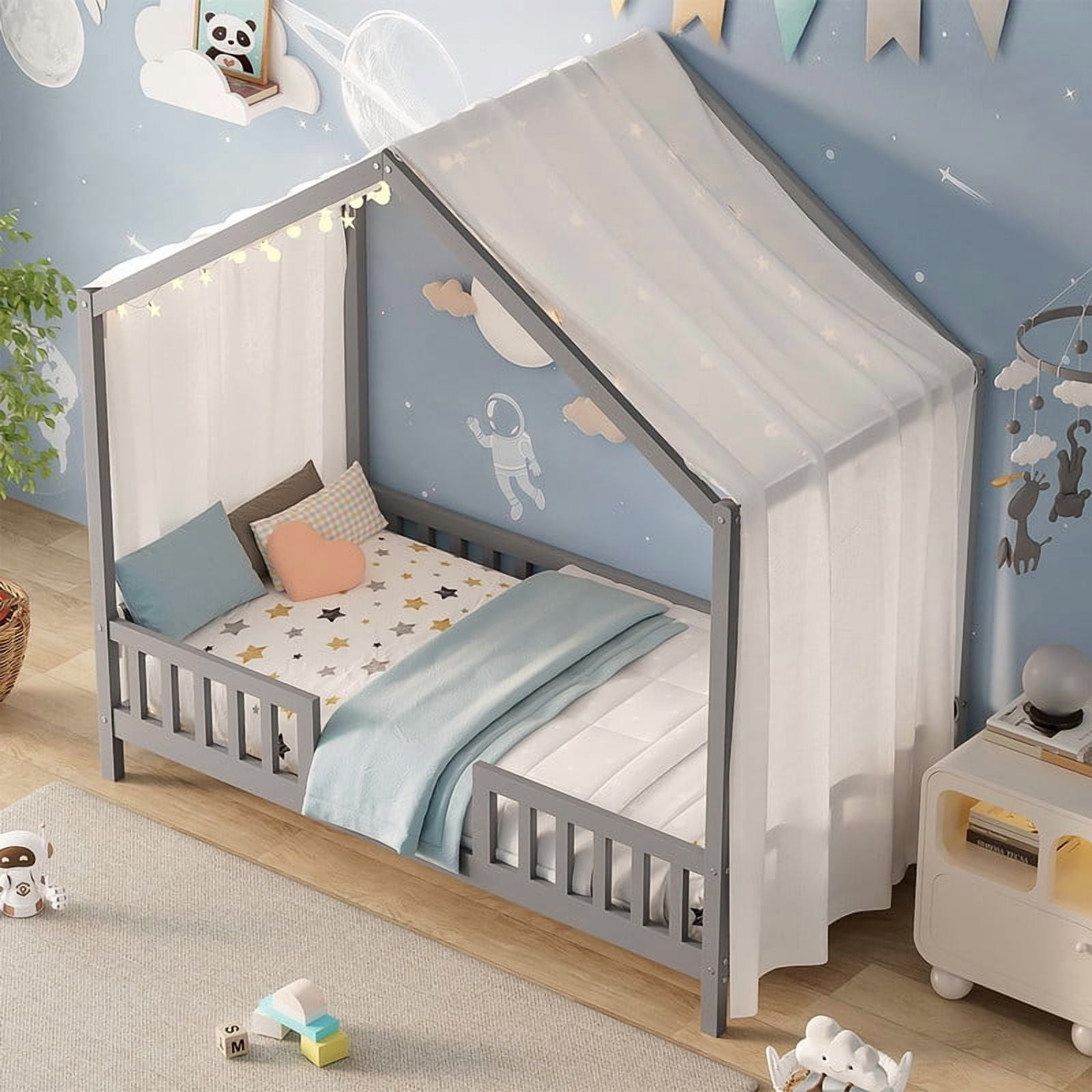 Bellemave Twin Size Canopy Bed, Montessori Floor Bed with High Railings, Wooden Twin Bed with Roof, House Shaped Bed Twin, Grey