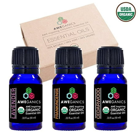 Aweganics USDA Organic Essential Oils for Sleep, 3 Pack Oil Blends Aromatherapy Gift Set, 100% Pure, Natural, Best Essential Oils for Sleep, Lavender, Frankincense, Cedarwood - 10ml - MSRP (Best Primrose Oil Brand)