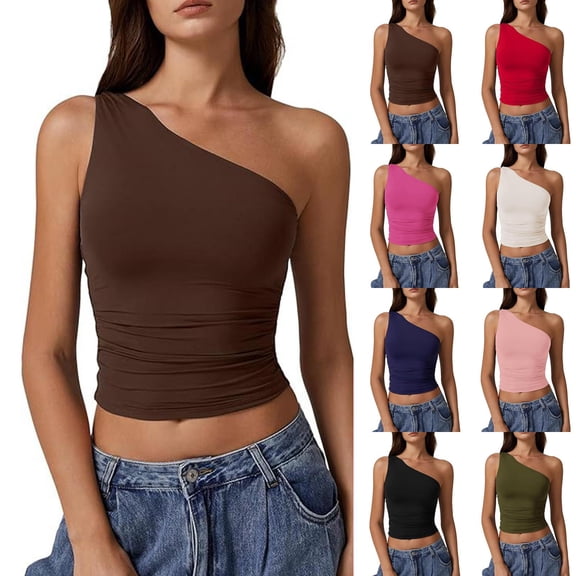 Women's One Shoulder Tank Tops Double Lined Sleeveless Slim Fit Cropped Tee Shirt Y2k Tops Off Shoulder Slim Fit Crop Top Beach Vacation Outfits Womens Tops Army Green L