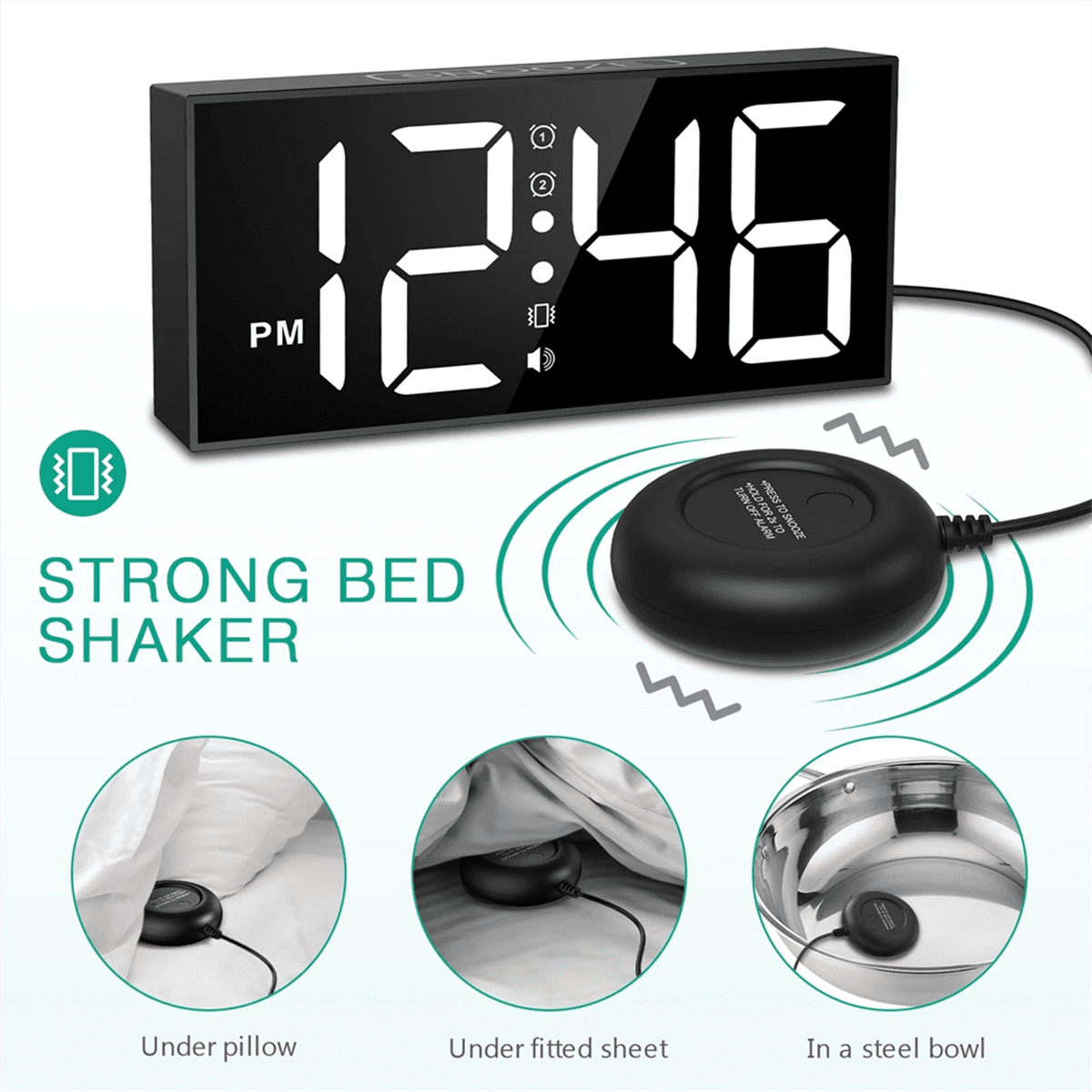 Vibrating Alarm Clock 7.5in Large Display LED Loud with Bed Shaker for Heavy Sleepers Hearing Impaired