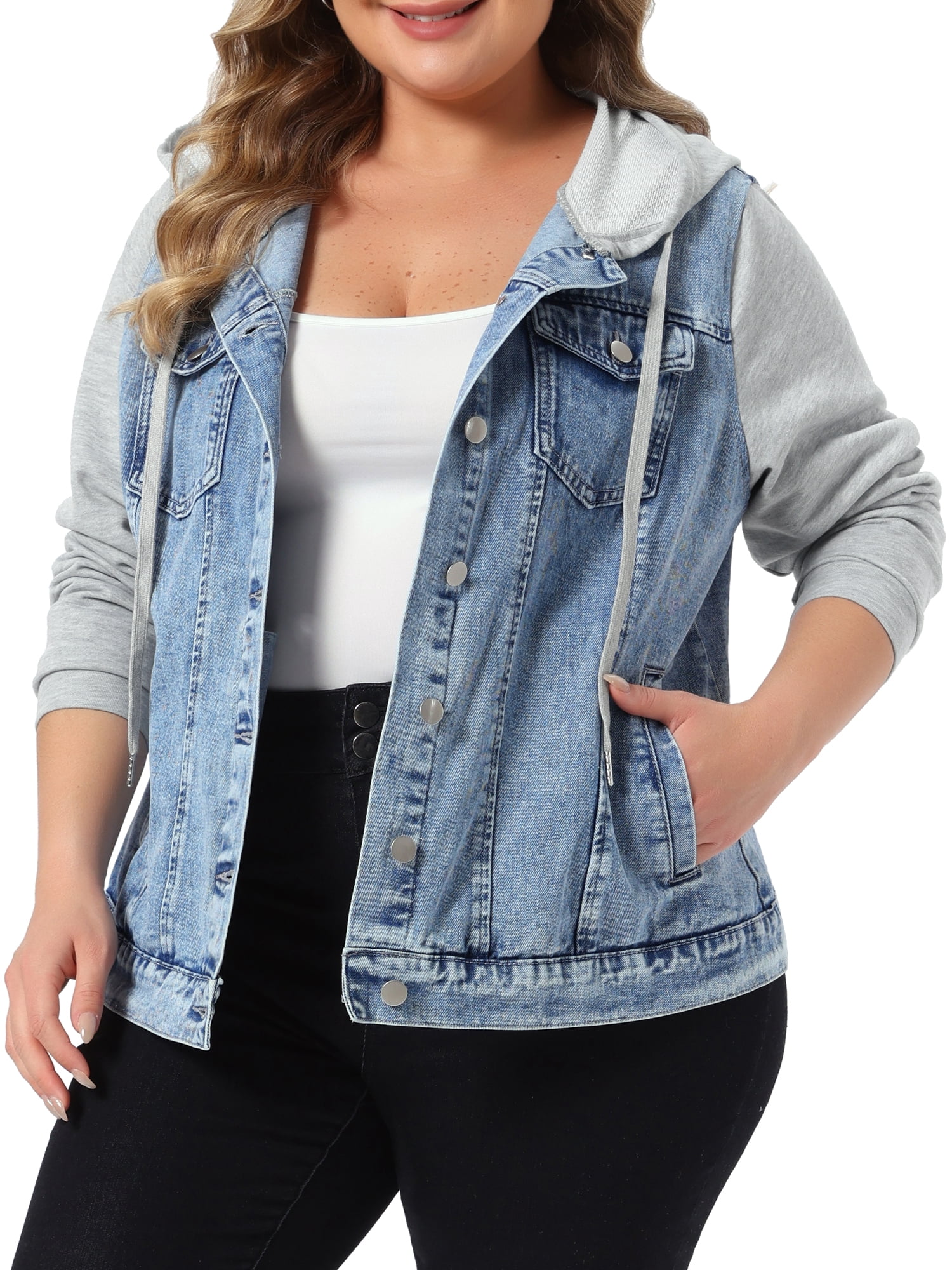 DARING DIVA Women's Plus Size Hood Long Sleeve Hoodie Jean Jacket 3X Washed Light Blue
