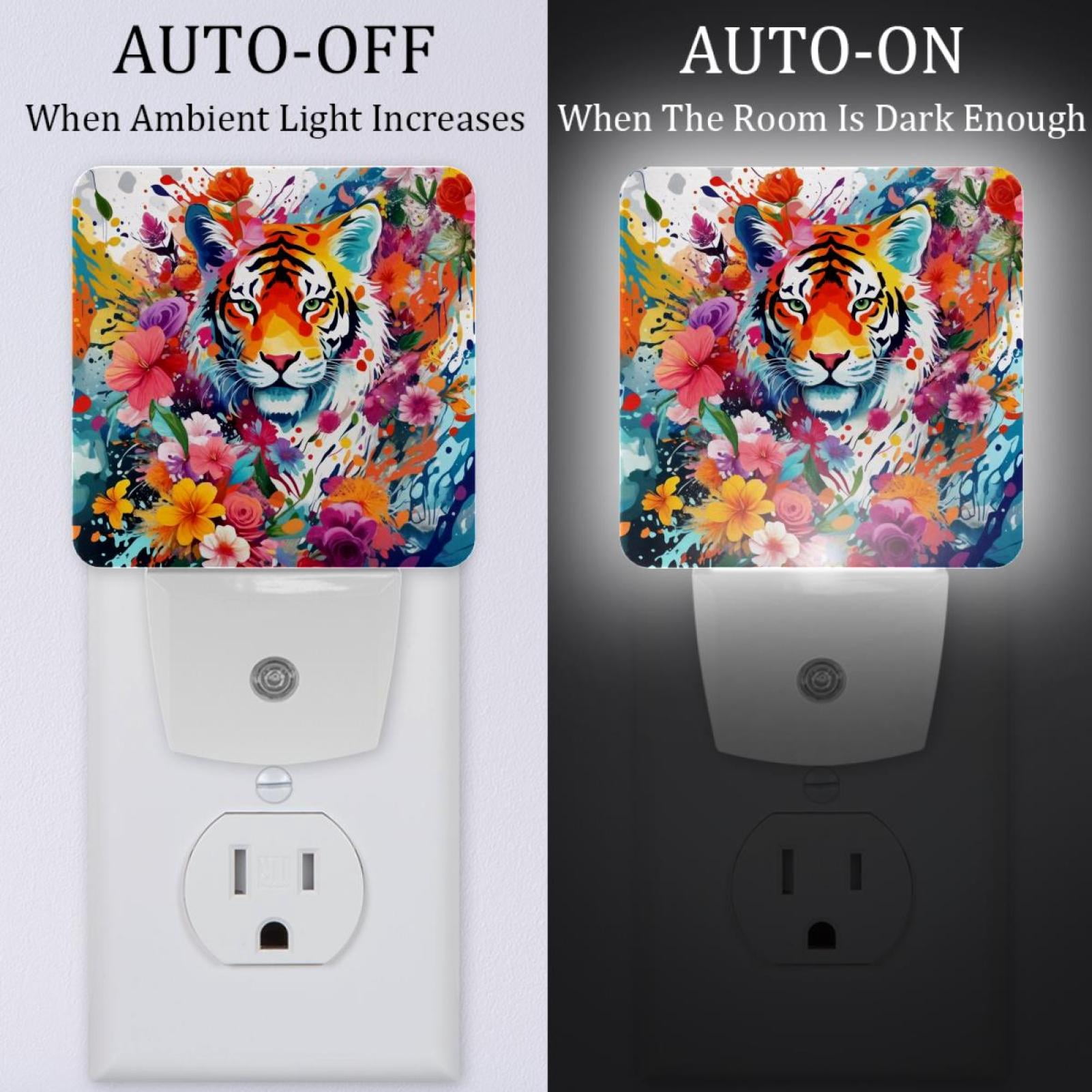 PhooArto Splashes Tiger and Flowers Pattern Plug in LED Night Light Auto Sensor Dusk to Dawn Decorative Night for Bedroom, Bathroom, Kitchen, Hallway, Stairs, Baby's Room, Energy Saving