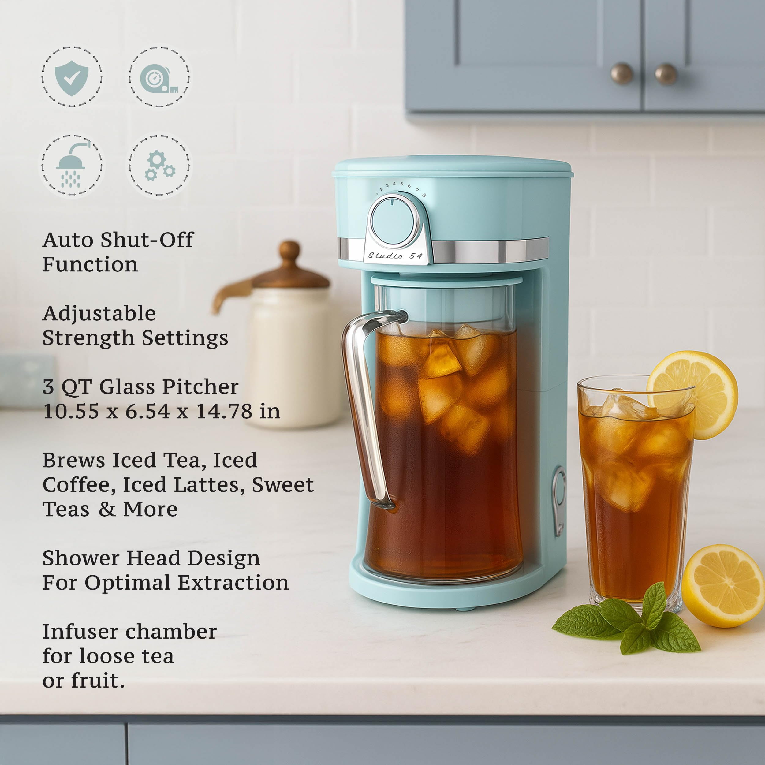 Studio 54 Retro Iced Tea Maker with Infuser, 3QT Glass Pitcher Electric Tea and Coffee Brewer, Adjustable Strength Cold Brew Maker for Iced Coffee, Iced Lattes, Sweet Tea & Fruit Infusions