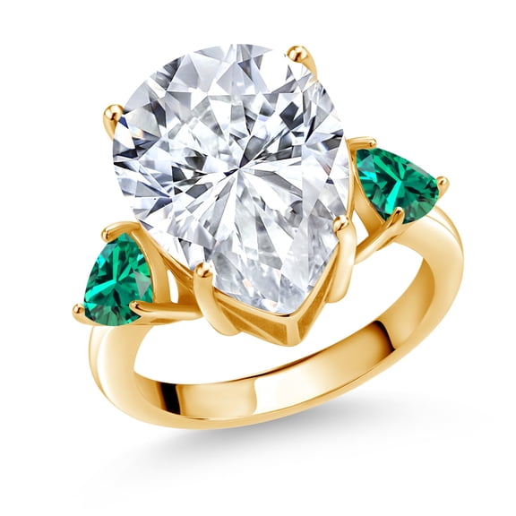 Gem Stone King 18K Yellow Gold Plated Silver Green Nano Emerald Ring Set with Moissanite (10.11 Cttw) (Size 6)