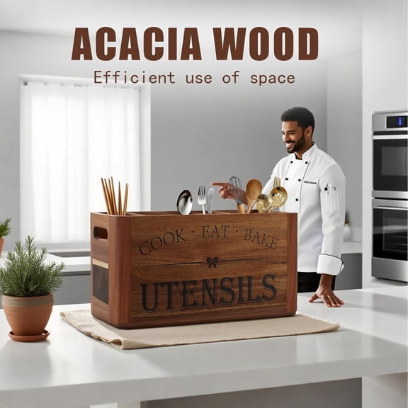 Large Wooden Utensil Holder with 4 Compartments - Acacia Wood Kitchen Organizer for Countertop Storage