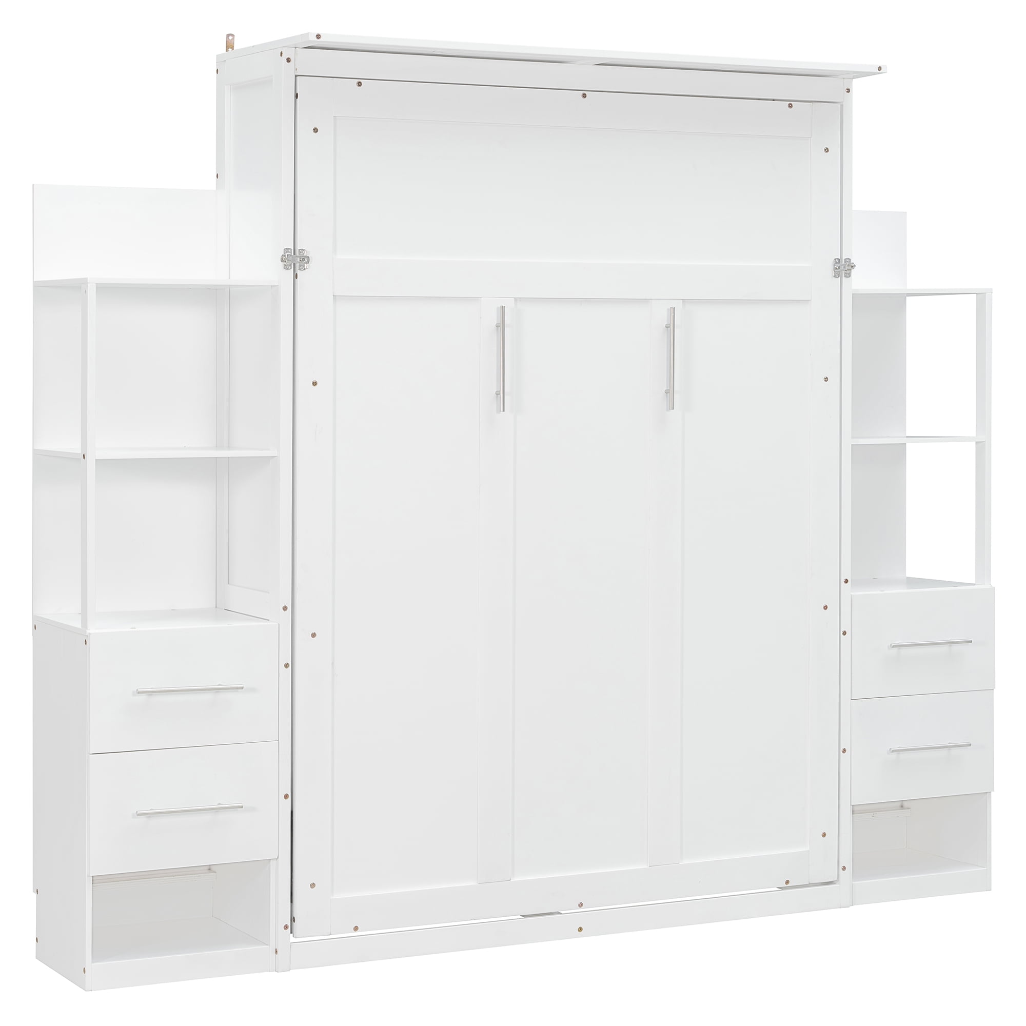 Full Size Murphy Bed with Shelves, 4 Drawers and LED Lights for Space-Saving Guest Room