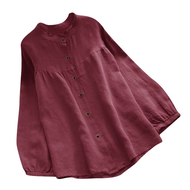 Fall Cotton Linen Tops for Women Long Sleeve Round Neck Solid Color Casual Loose Blouses Ruffle Button Down Shirts