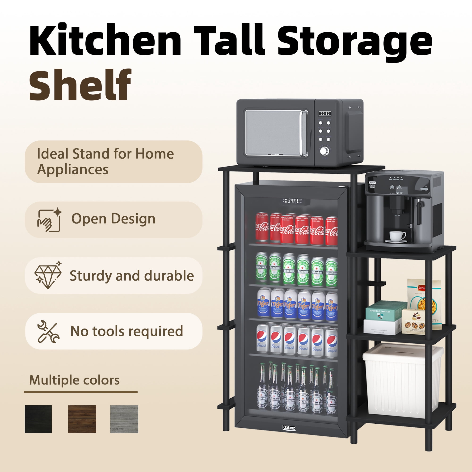 HOMLUX 4-Tier Coffee Bar Bakers Rack with Mini Fridge Stand, Wood Kitchen Storage Shelf Microwave Stand, Easy Assembly, Americano