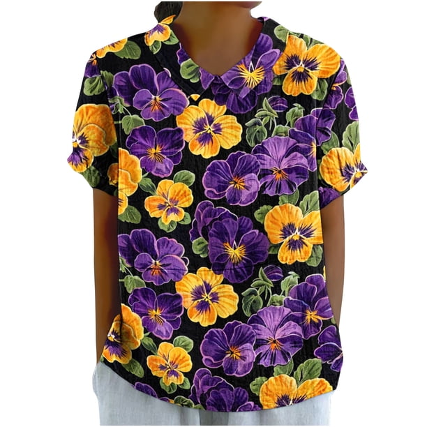Blusas de Manga Corta para las Mujeres Cuello de Muñeca Lindo Lino Algodón, Impreso Suelto Camiseta para el Uso Casual, Diario Y de Verano