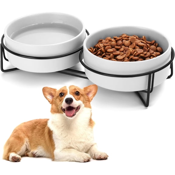 Ceramic Dog and Cat Bowl Set with Stand, 13.5oz Dog Food and Water Bowl Suitable for Small and Medium Pets (White)