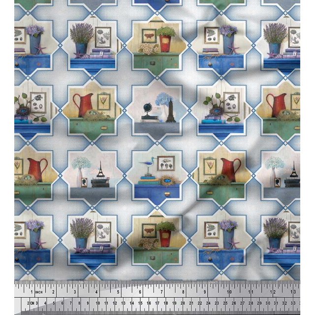 Soimoi Polyester Crepe Fabric Frame,Jug & Flower Pot Patchwork Print Sewing Fabric Yard 42 Inch Wide