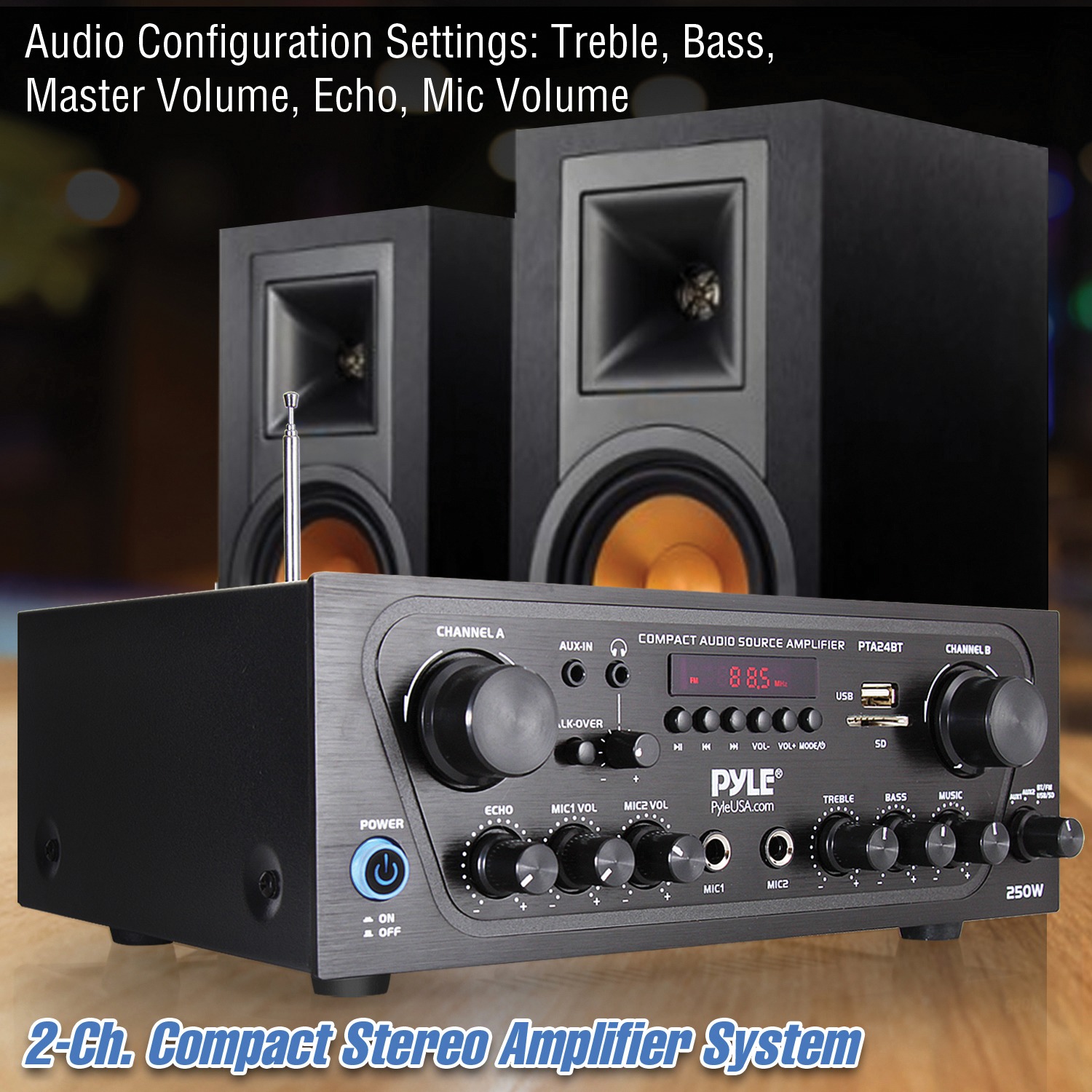 PYLE PTA24BT - Compact Bluetooth Home Audio Amplifier, 2-Ch. Audio Source Stereo Receiver System with FM Radio, MP3/USB/SD/AUX Playback (250 Watt)