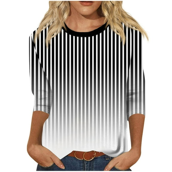 Scyoekwg 3/4 Sleeve Shirts for Women Crewneck Three-quarter Sleeve Tshirt Loose Gradient Color Graphic Tops Fall Clothes Dressy Casual Blouses Fashion Vintage Blouses(Black,L)