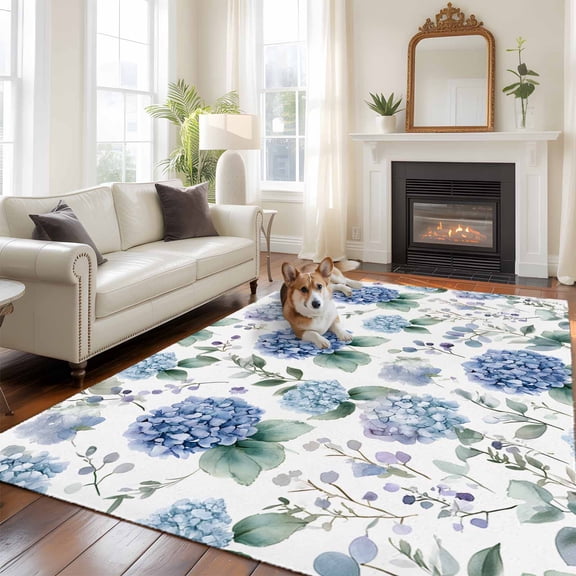 Blue Hydrangea Large Area Rugs 8x10 ft Eucalyptus Leaves Watercolor Plant Farm Washable Rug Non Slip Indoor Carpet Absorbent Floor Mat for Living Room Bedroom Dining Room