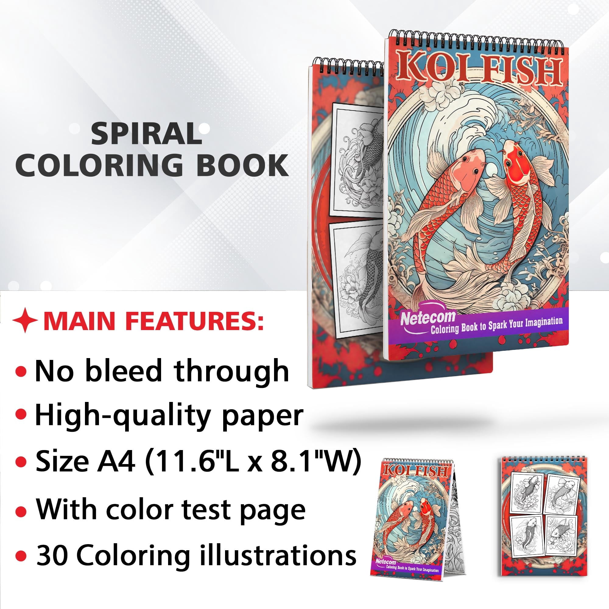 Koi Fish Spiral Bound Coloring Book, Unleash Your Creativity with 30 Coloring Pages, Capturing the Harmony and Serenity of Koi Fish in Peaceful Water Gardens