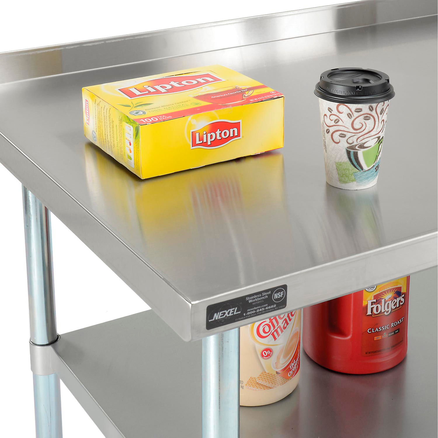 Nexel 96"W x 30"D 18 Gauge 430 Stainless Steel Workbench 2" Backsplash, Galvanized Legs & Undershelf