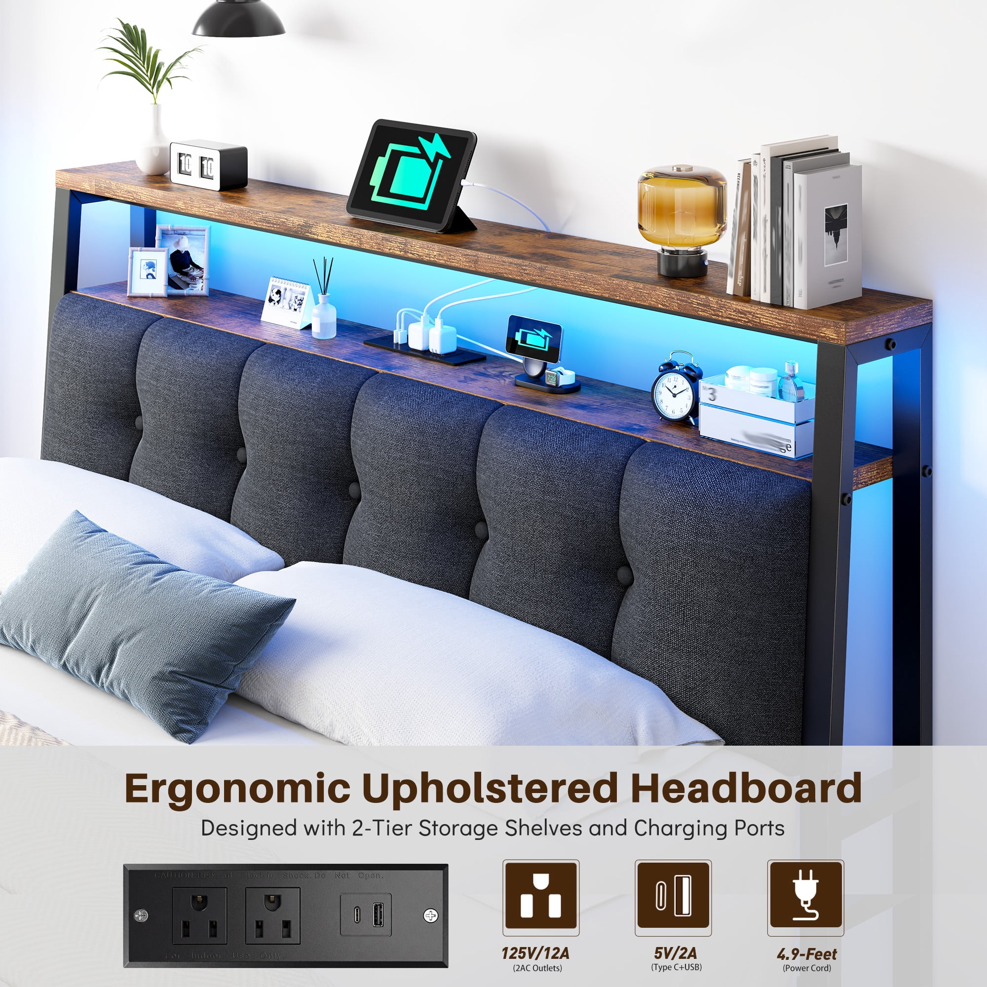 EnHomee Metal Platform Bed Frame Full Size with Headboard Upholstered Bed with 2-Tier Storage Shelf & Charge Station & LED Light,Rustic Brown