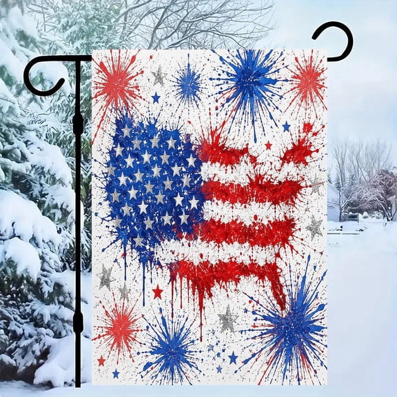 RKSupls Patriotic Linen Double Sided Garden Flag, Independence Day Themed Yard Decor, Splatter Flag Fireworks Grunge Outdoor Banner for Holiday Lawn
