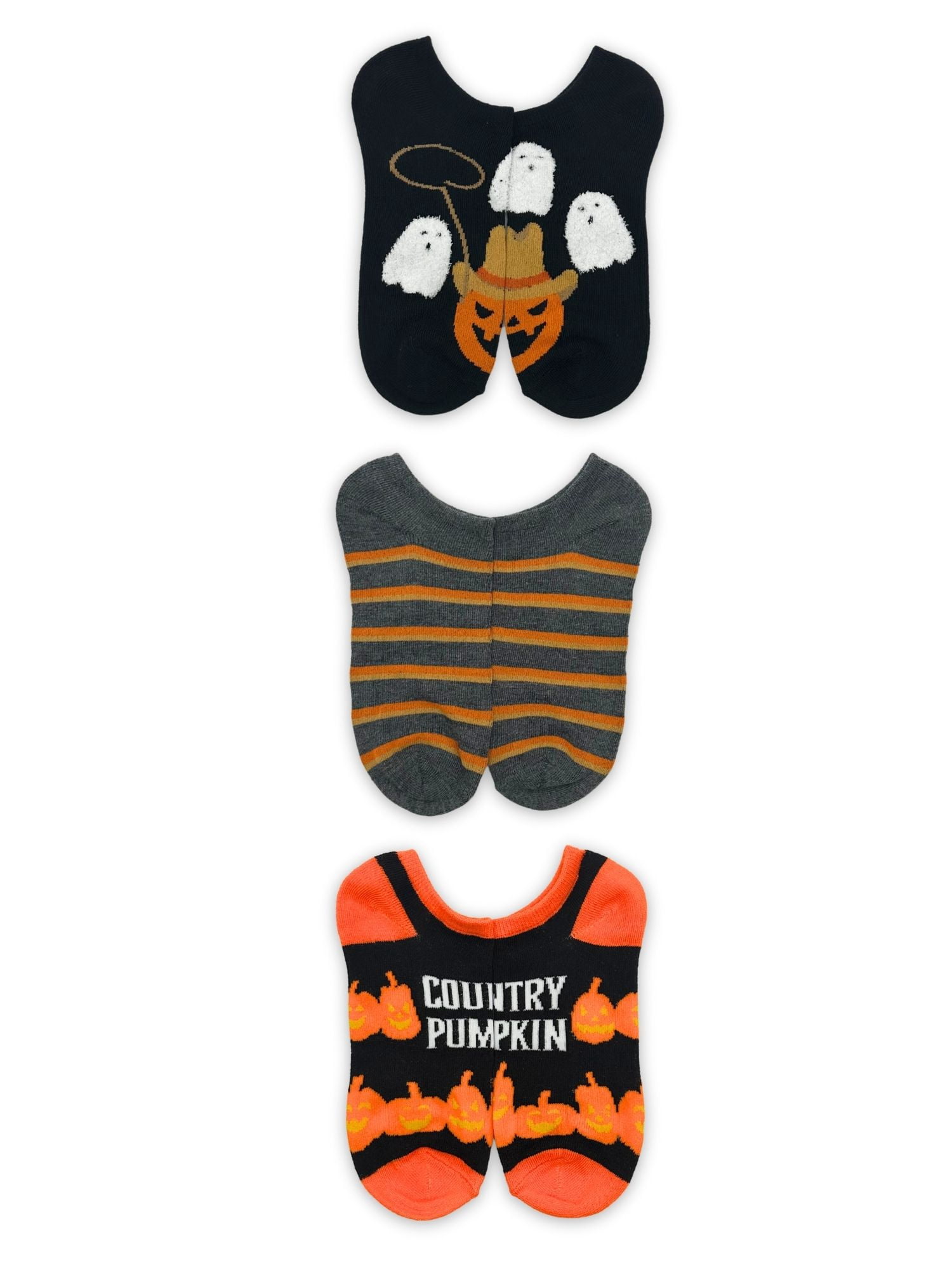 Way To Celebrate! Women's Halloween Country Pumpkin No-Show Socks, 3-Pack, Size 4-10