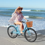 Lilypelle 24/26inch Beach Cruiser Bicycle for Women, 7 Speed Step Through Adult Commute Bike with Basket & Rack,Blue