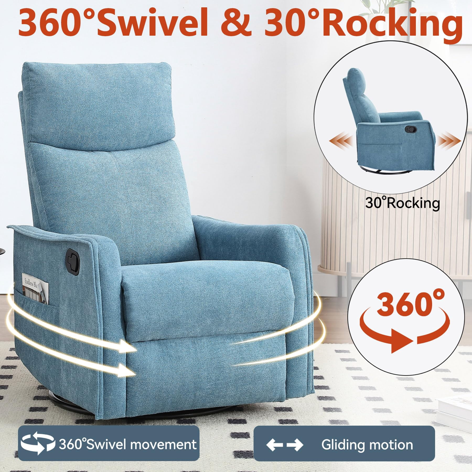 CARZZI Massage Chair Recliner with Heat, Swivel Rocking Chair Recliner with High Back, Manual Lazy Boy Recliners for Adults,Small Recliner Chair for Small Spaces, Living Room Bedroom, Fabric (Blue)