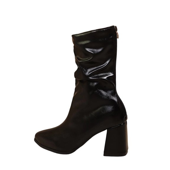 hopeusnice Ruched Block Heel Mid Calf Boot Square Toe Back Zipper Closure Casual Daily Boot Black 36