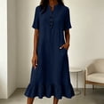 thumbnail image 4 of Ynynloco Women's Summer Cotton Linen Half Sleeves Button Down Casual Loose Ruffle Midi Dress with Pockets, 4 of 8