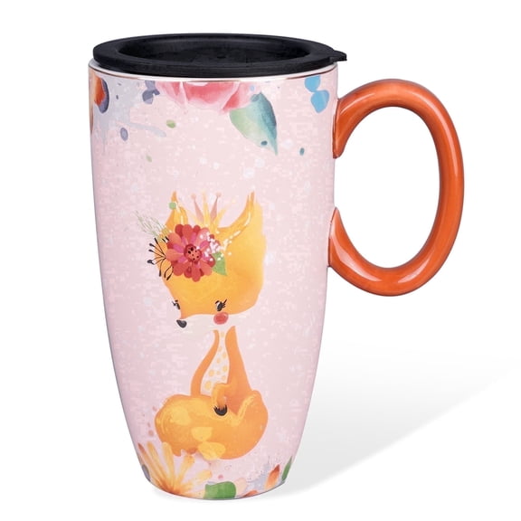 EPFamily 20oz Large Pink Cute Fox Ceramic Travel Coffee Mug with Lid and Handle, Microwave Dishwasher Safe Big Cup Gift for Teachers Commuters Fox Lovers