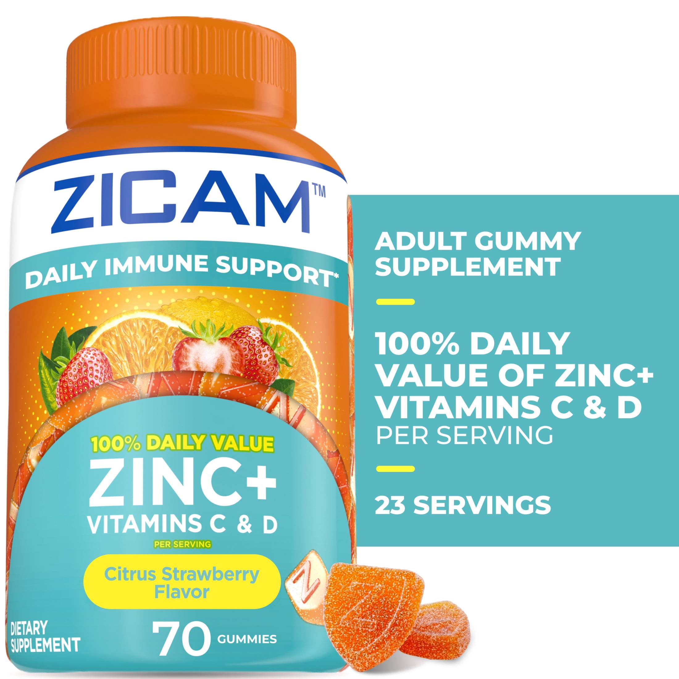 (3 pack) Zicam Daily Immune Support, Gummy Supplement, Zinc, Vitamin C and Vitamin D, Citrus Strawberry Flavor, 70 Count
