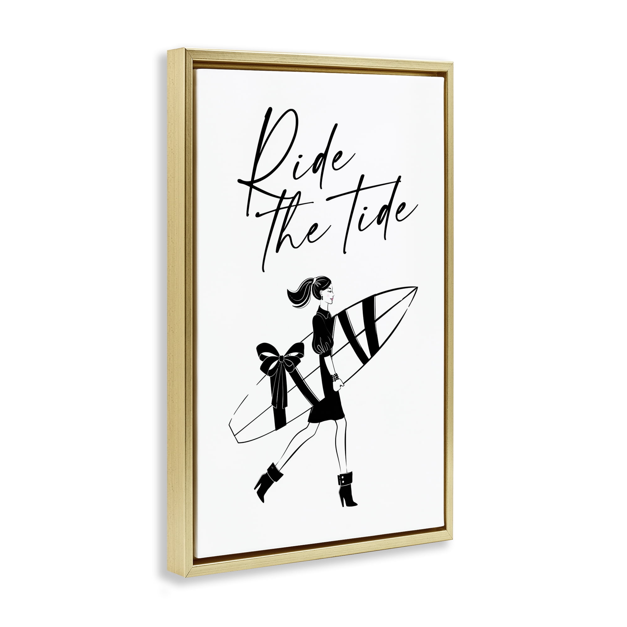 Stupell Industries Ride The Tide Surfer Novelty Painting Gold Floater Framed Art Print Wall Art, 17 x 25