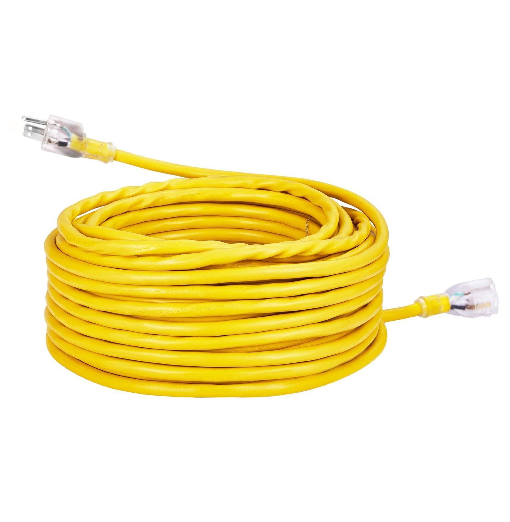 100ft Heavy Duty Extension Cord 12AWG, 15 Amp, 3-Prong - ETL Listed, Indoor Outdoor Cord, -40°F Cold Weather, Lighted End for Lawn, Garage, Home