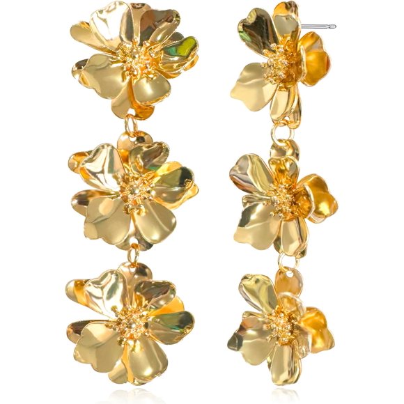 shiyou-Elegant Bohemian Matte Tiered Triple Flower Dangle Drop Earrings Chic Charm Cute Long Floral Stud Earrings for Women Girls Statement Jewelry Gifts