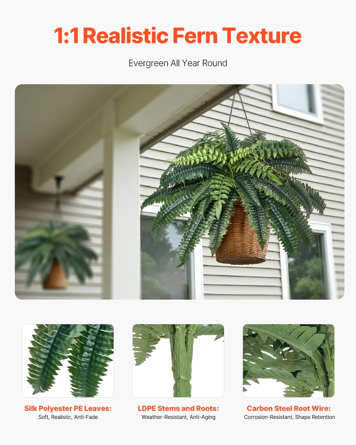 VEVOR Artificial Ferns 2 Pcs, Natural Spread Diameter 35-39 Inch, Large Hanging Artificial Boston Ferns, Fake Plant Wall Decor with 35 Branches, Faux Fern for Home and Office (Flowerpot Unincluded)