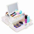 thumbnail image 3 of Caja de maquillaje de ópalo blanco, caja organizadora de maquillaje de plástico duro, espejo integrado, cierre seguro para viajes seguros, almacenamiento amplio para artículos, 3 of 3