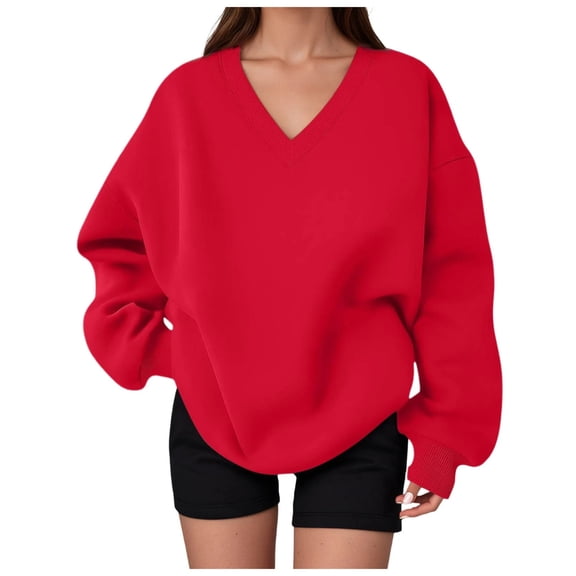 larppty Womens Oversized V Neck Sweatshirt Fleece Long Sleeve Hoodies Pullover Comfy Top Outfits 2025 Teen Clothes (Red, XL)