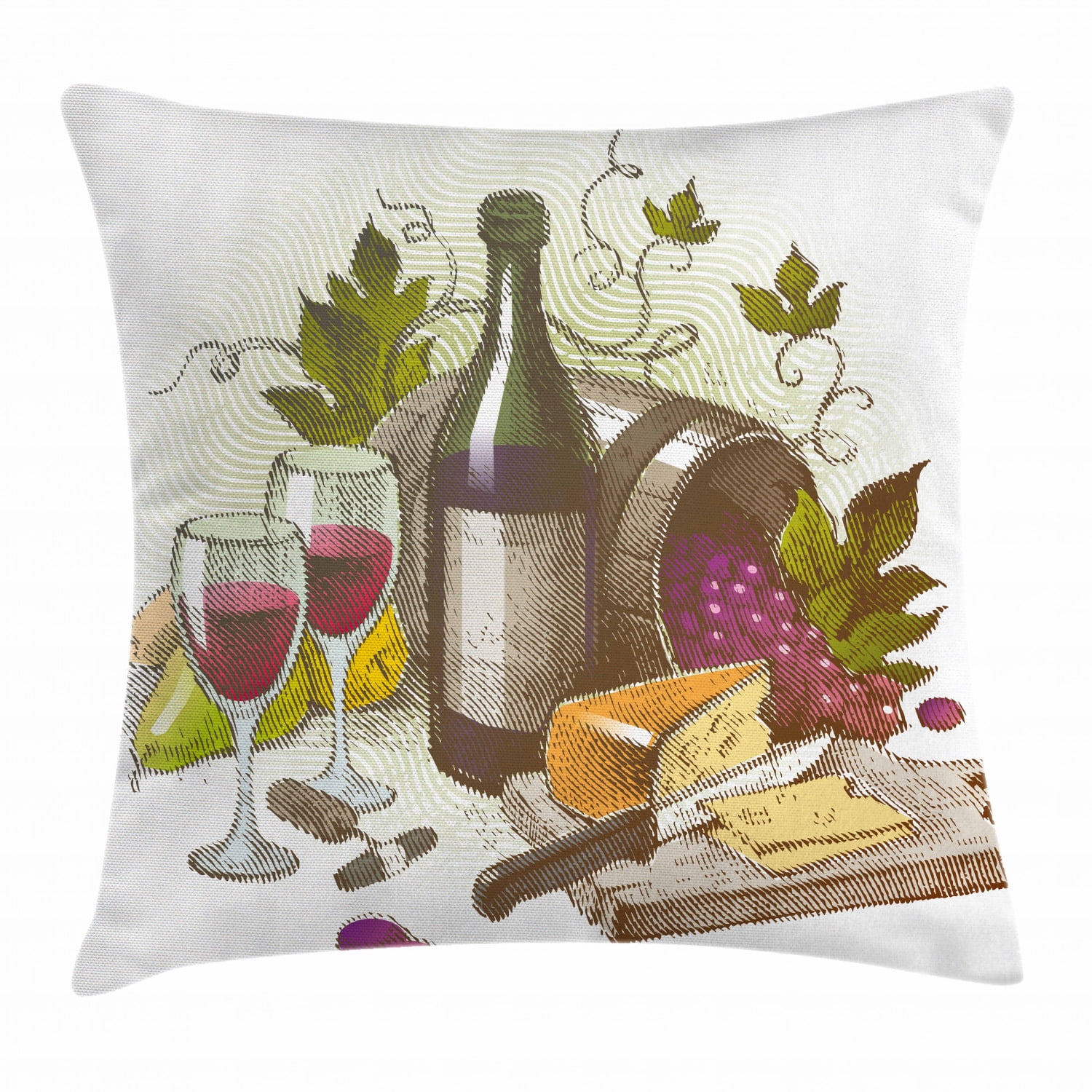 Wine Throw Pillow Cushion Cover, Vintage Style Composition with Wine