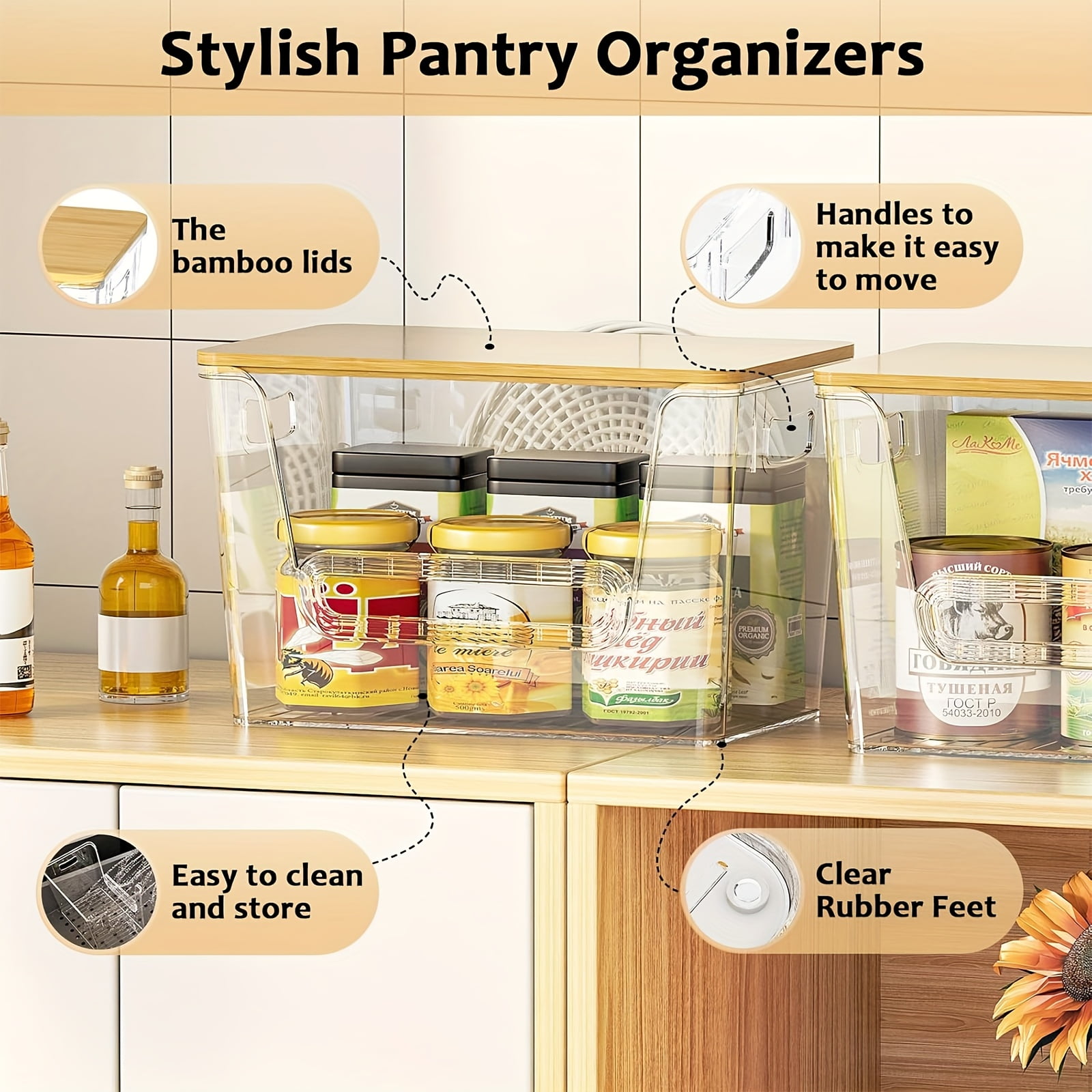 2-Pack Clear Stackable Pantry Organizers with Bamboo Top - Kitchen Produce Storage Bins